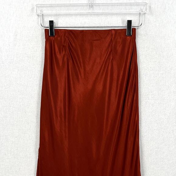 ENZA COSTA Satin Bias Slip Skirt Women XS Umber Rust Maxi Side Slit Pull On NEW - Picture 8 of 16